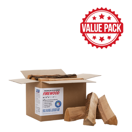 Cardboard box of kiln dried firewood with a 'Value Pack' stamp on a white background