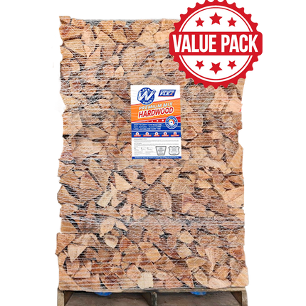 1/2 cord of kiln dried firewood with a label and 'value pack' badge on a white background