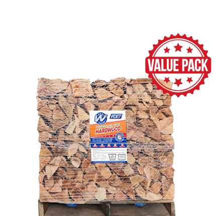 1/4 cord of kiln dried firewood on a pallet with a 'Value Pack' label and logo.