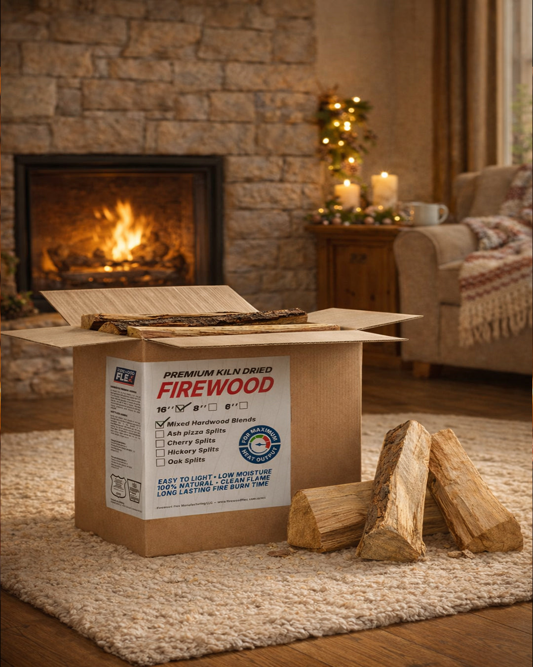 Premium firewood box open showing dry hardwood logs