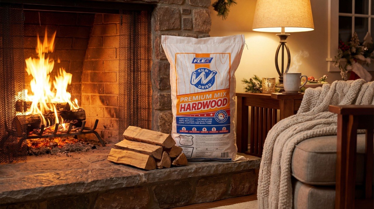Premium kiln-dried hardwood firewood logs close up