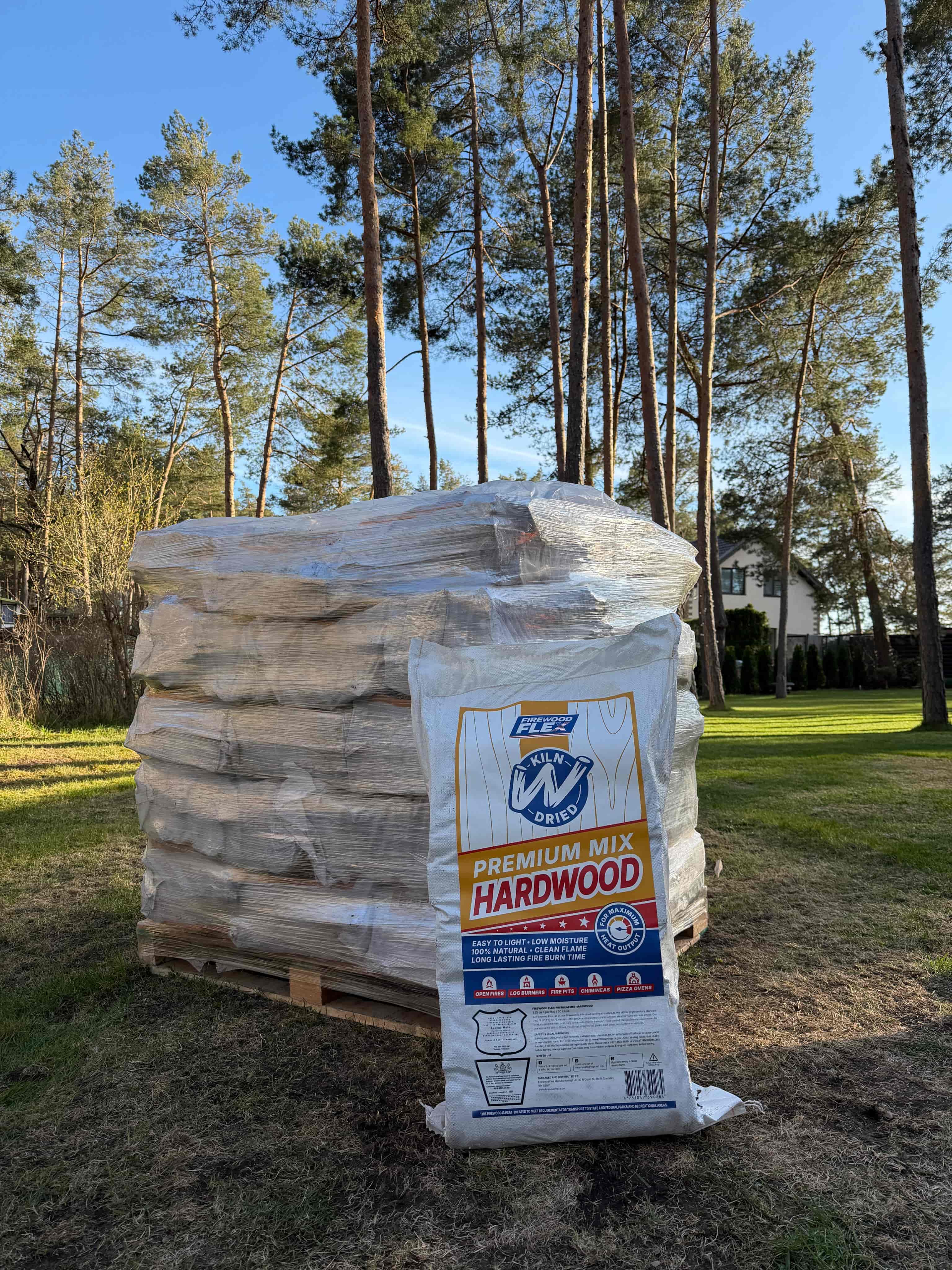 Firewood Flex 1.75 cu ft Mega Bag pallet ready for delivery